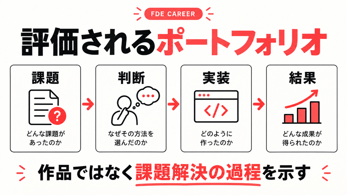 FDEのポートフォリオに課題・判断・実装・結果を示す流れの図解