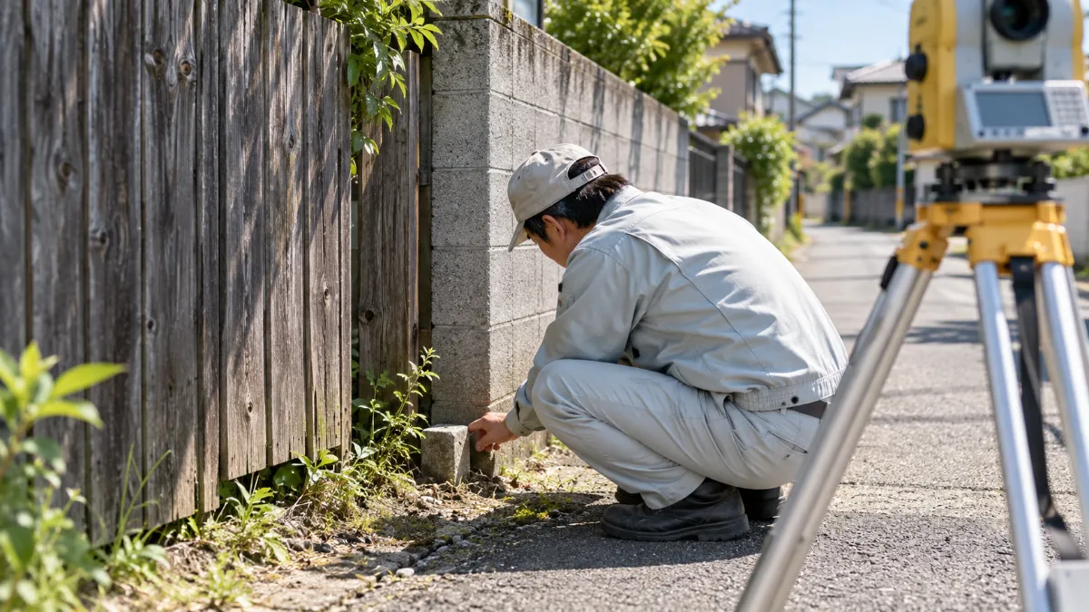 土地の境界を確認する測量の様子