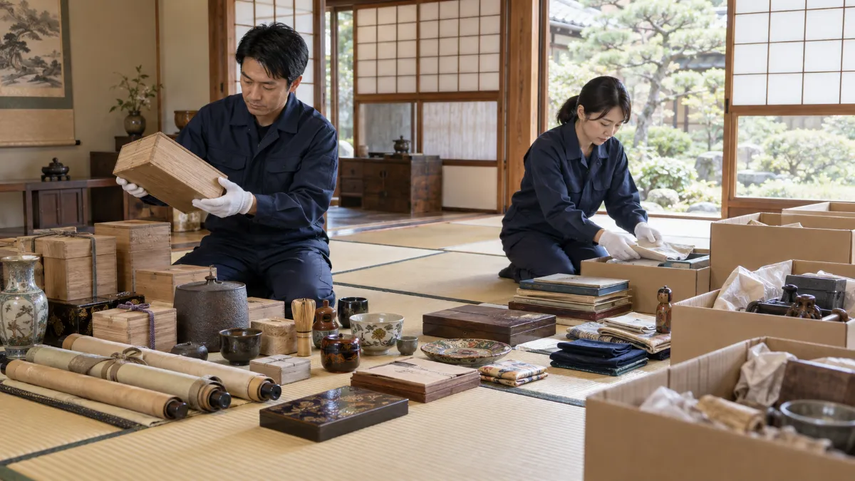 空き家の片付けで見つかった品を仕分けるスタッフ