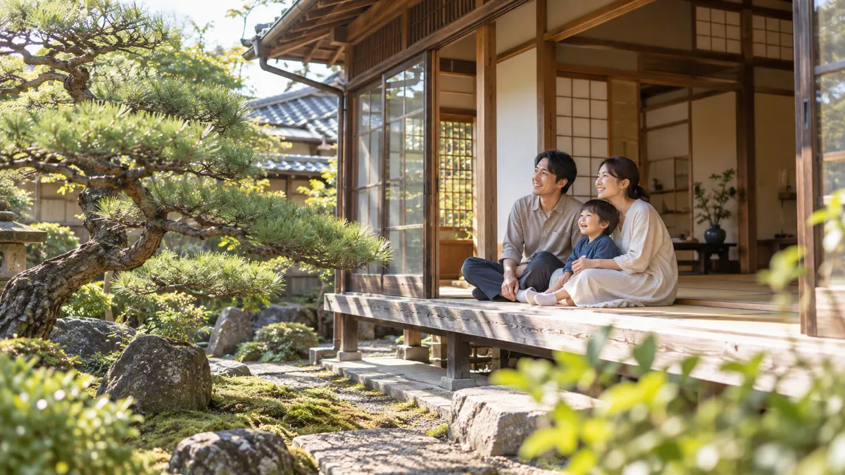 受け継がれた古い家の縁側でくつろぐ新しい家族