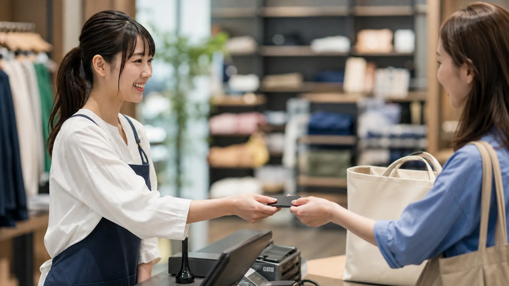 小売店で関連商品を提案して買上点数を増やす様子